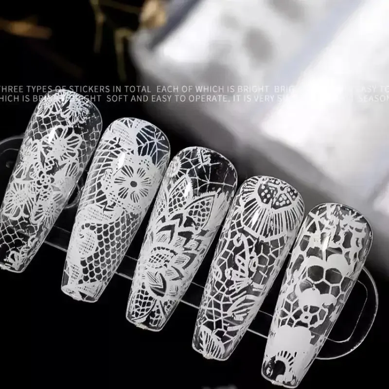 สติกเกอร์ติดเล็บลายลูกไม้สีขาวดำ 10 ม้วน/กล่อง ชุดฟอยล์ตกแต่งเล็บ ทำเล็บเอง อุปกรณ์ตกแต่งเล็บ