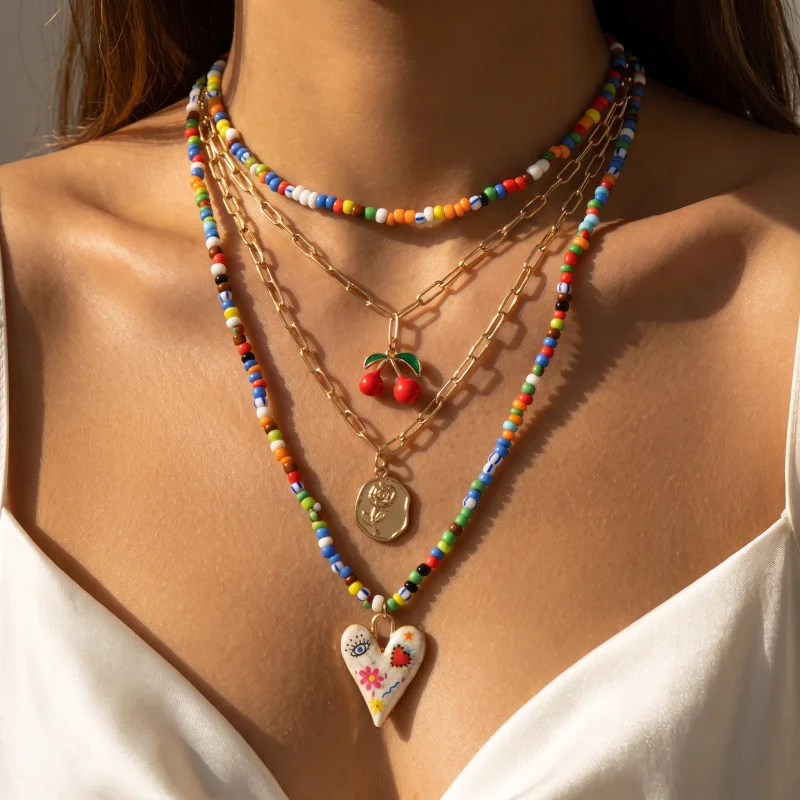 4 PCS Y2K Boho Layers Colorful Seed Bead Layering Cherry/ Enamel Heart /Coin Pendant Stack Sweet Necklaces For Women