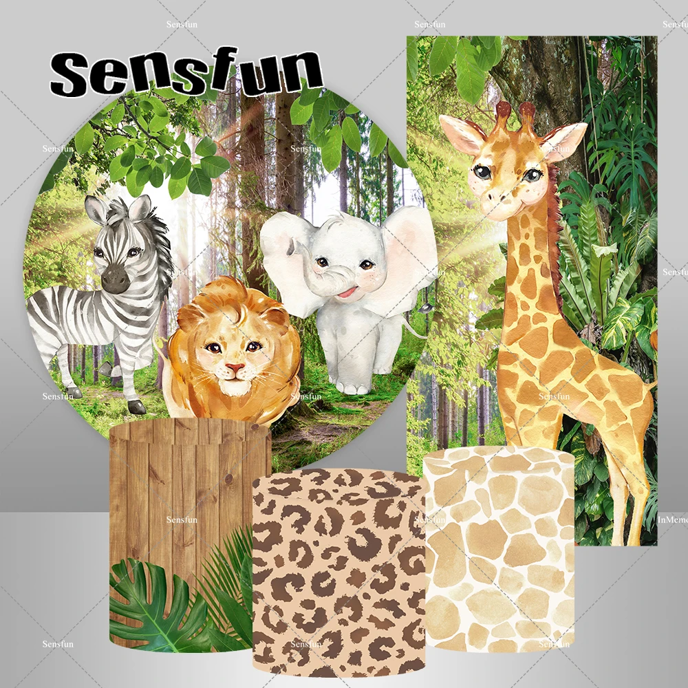 Boys Wild One Safari Jungle Birthday Party Round Backdrop Cover Wood Plinth Covers Animals Rectangle Backgrounds Photocall