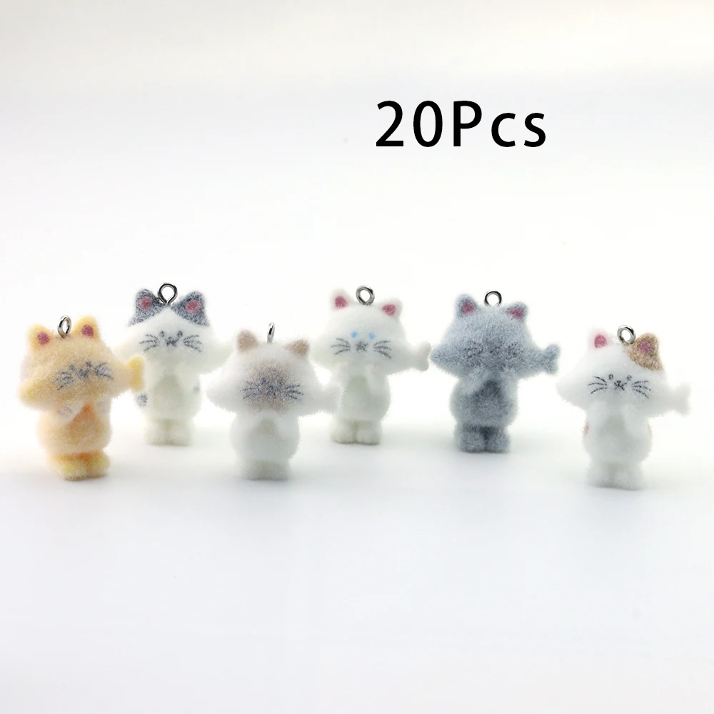 20pcs 3D Resin Flocking Cat Eating Fish Charms Cute Animal Pendant for Necklace Earring Keychain Making DIY Jewelry Accessories