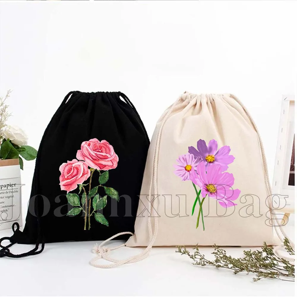 

Floral Cosmos Pink Blue Cornflowers Wildflowers Forget Me Hyacinth Flowers Roses Canvas Drawstring Bag Soccer Backpack Sackpack