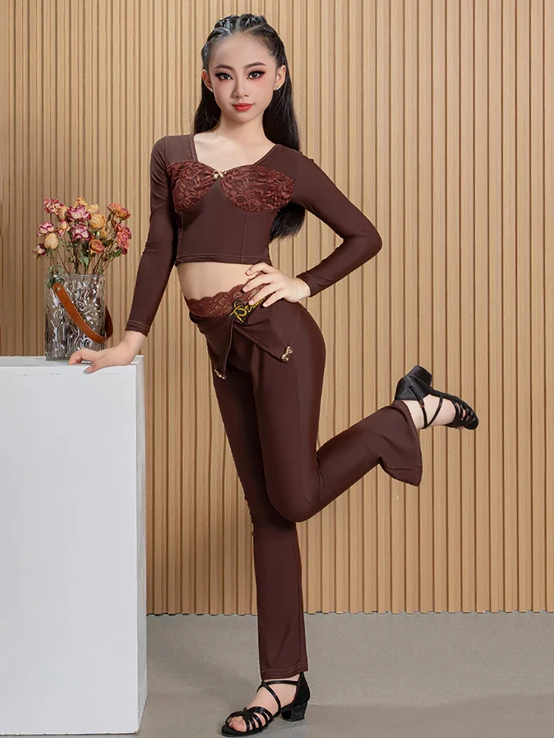 Kinderen Meisjes Latin Danskleding Kinderen Kanten bodysuit met lange mouwen en broek Broeken Oefendanskleding Competitiekostuums