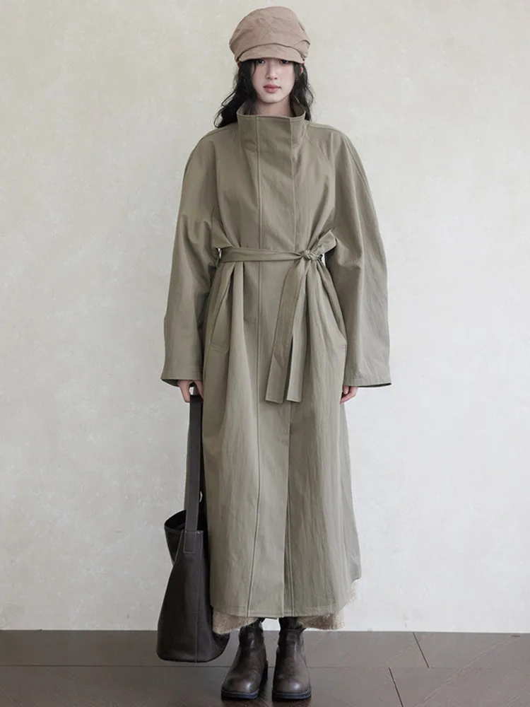 ZMEENNA Anmutiger Khaki-Trenchcoat mit hohem Kragen und Gürtel für Damen, schick, langärmelig, lockere Passform, Oberbekleidung, perfekt lässig, ZM3573