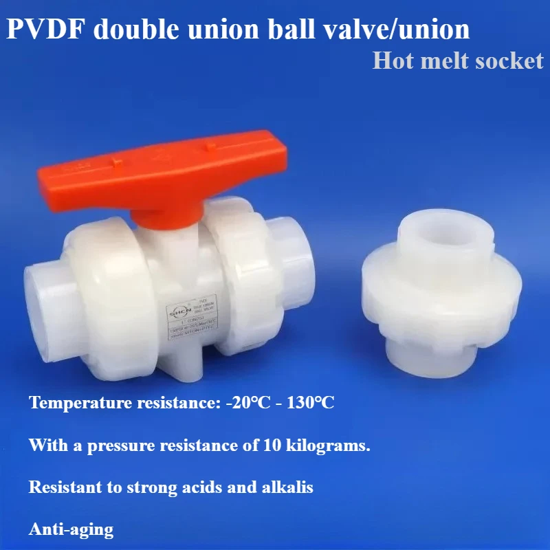 Válvula de bola de doble extremo de PVDF, válvula de unión de fluoruro de polivinilideno, accesorio de unión química, unión de encaje por termofusión