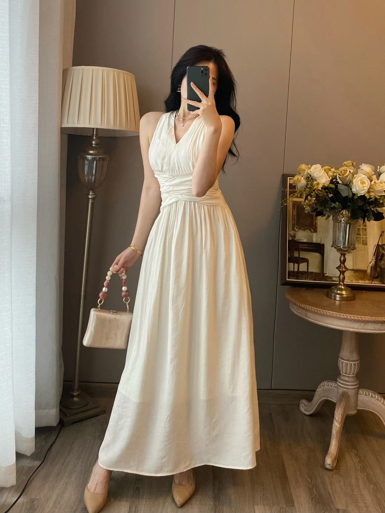 French Elegant Retro Sleeveless Off-shoulder Halter Evening Dress Sexy V-Neck High Waist A-line Temperament Long Dress For Women