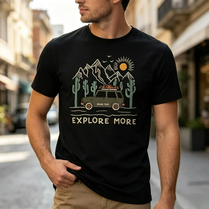 EXPLORE MORE Road Trip T-Shirt for Men Mountain Desert Cactus Print Casual Streetwear Short Sleeve Tee