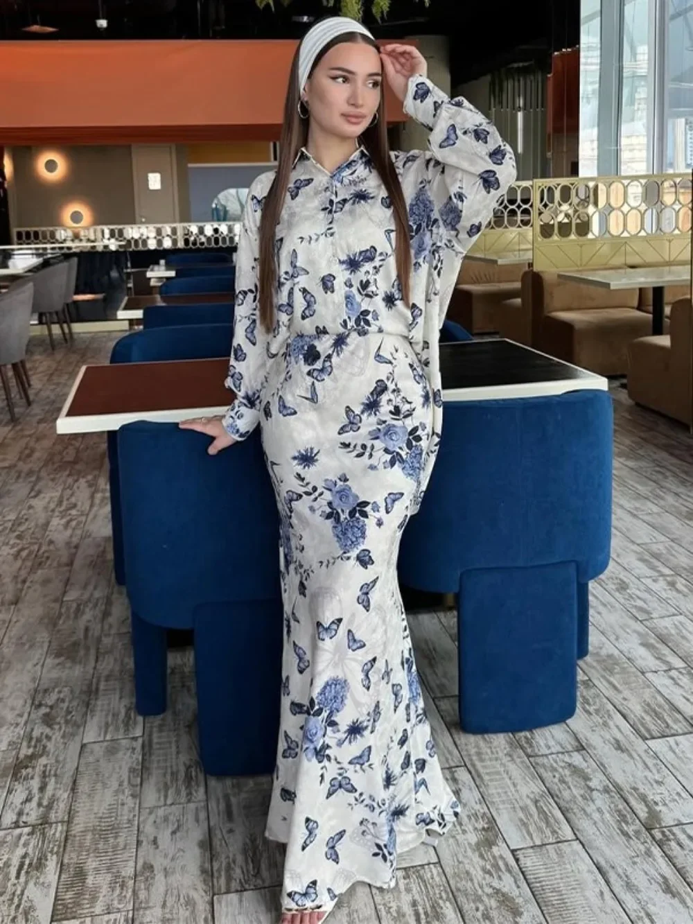Eid Donna Stampa Camicia Gonna Musulmano 2 Pezzi Set Abiti Largos Partito Caftano Jalabiya Ramadan Dubai Caftano Arabo Abito Lungo 2025