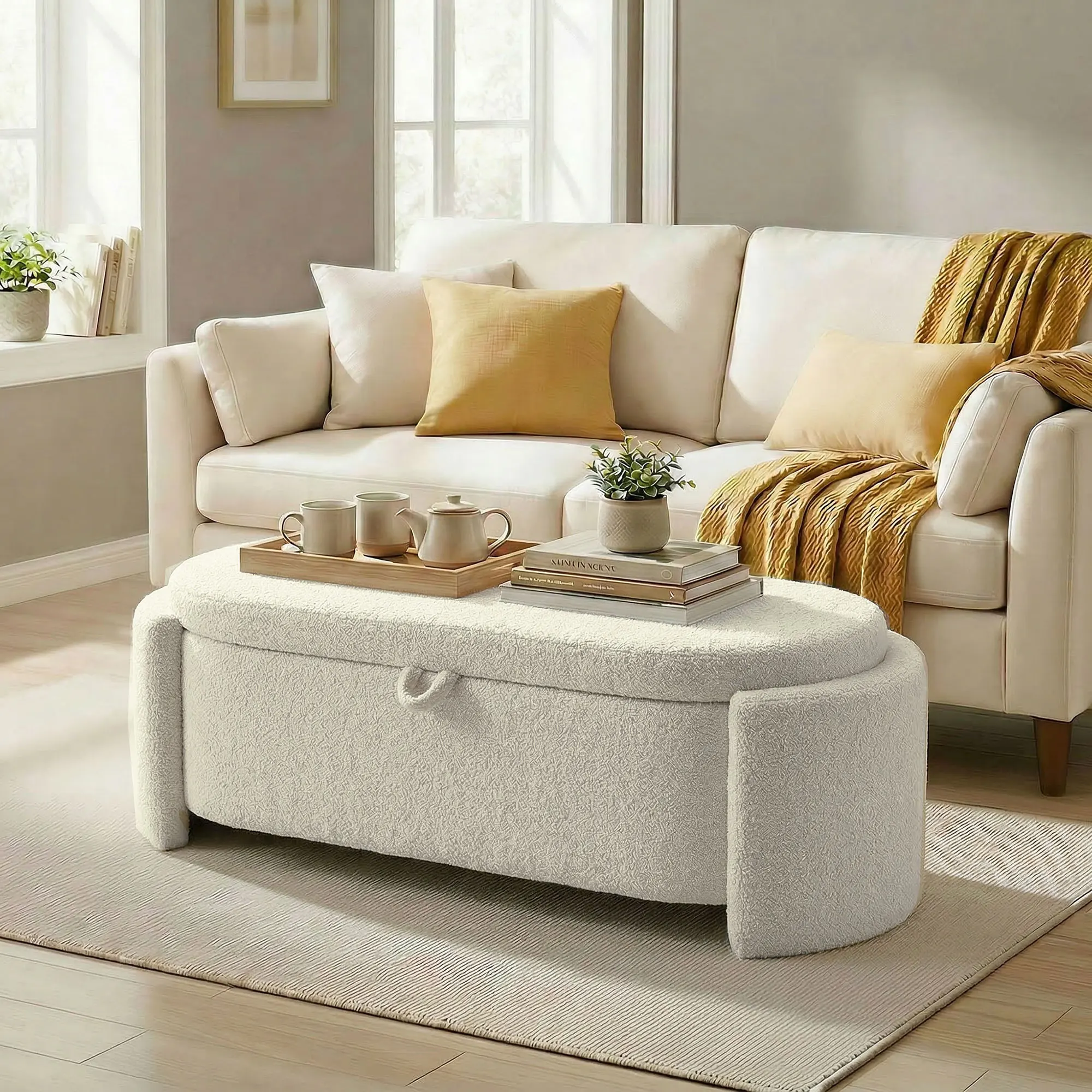 Banco de almacenamiento ovalado para pie de cama en tejido Teddy con asiento ancho, 129x44 cm, color crema