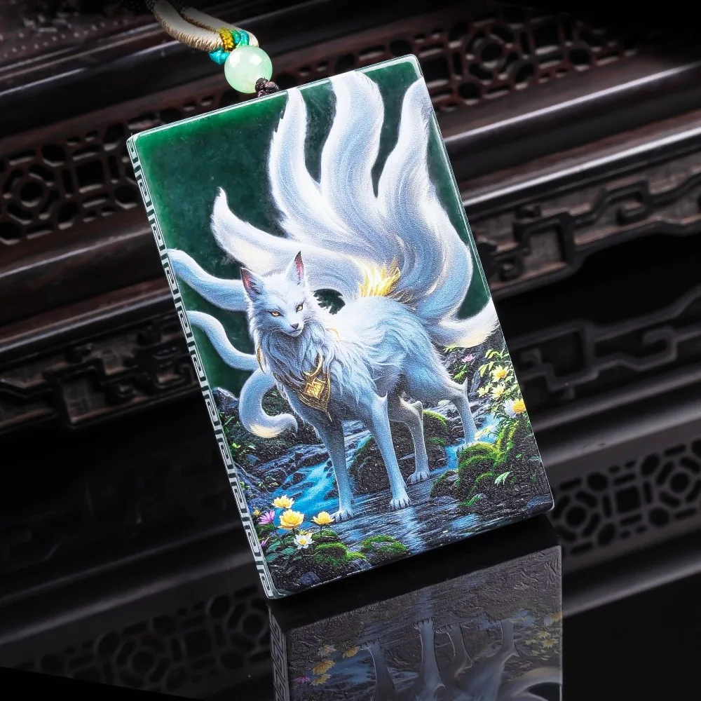 Natural A-grade jade Nine Tailed Fox Fairy exquisite ultra clear spray painted high ice jade pendant Safety energy protection