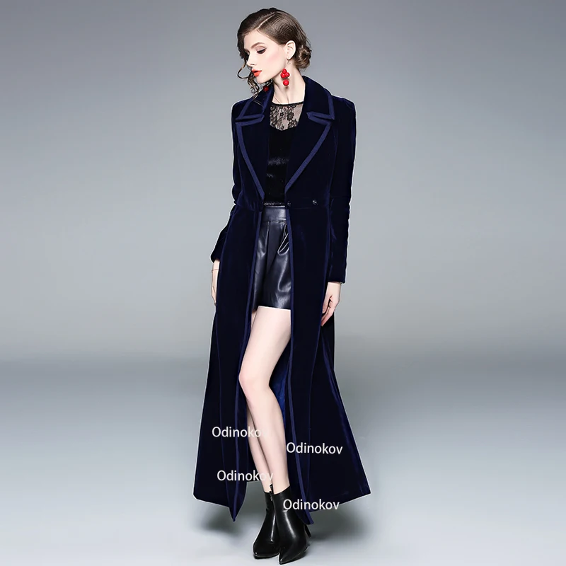 Velvet  Trench Coat for Women Blue Long Skirt  Jackets Winter Clothes Casacos De Inverno Feminino