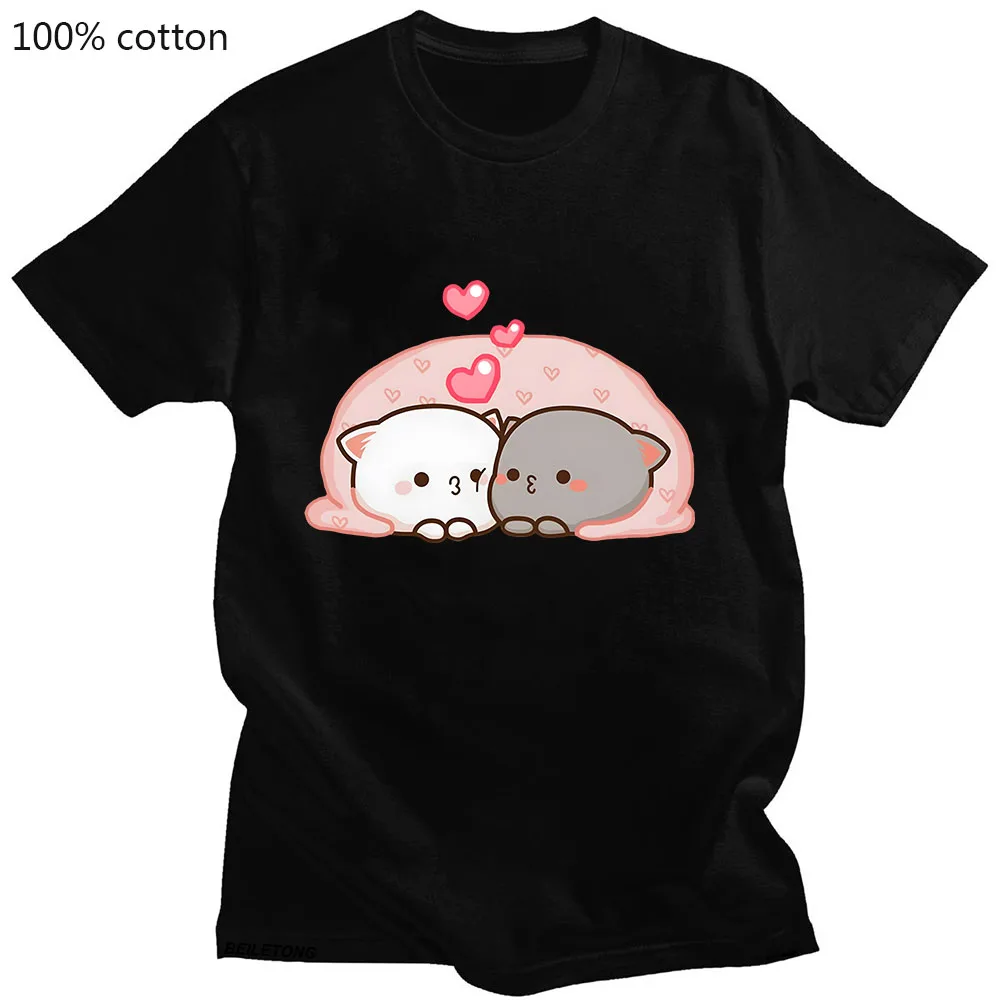 Emoticon Peach Mochi Cat Kiss In The Quilt T-shirts WOMEN Lovely Animals Kawaii/Cute T Shirts 100% Cotton Tshirts Cartoon O-neck