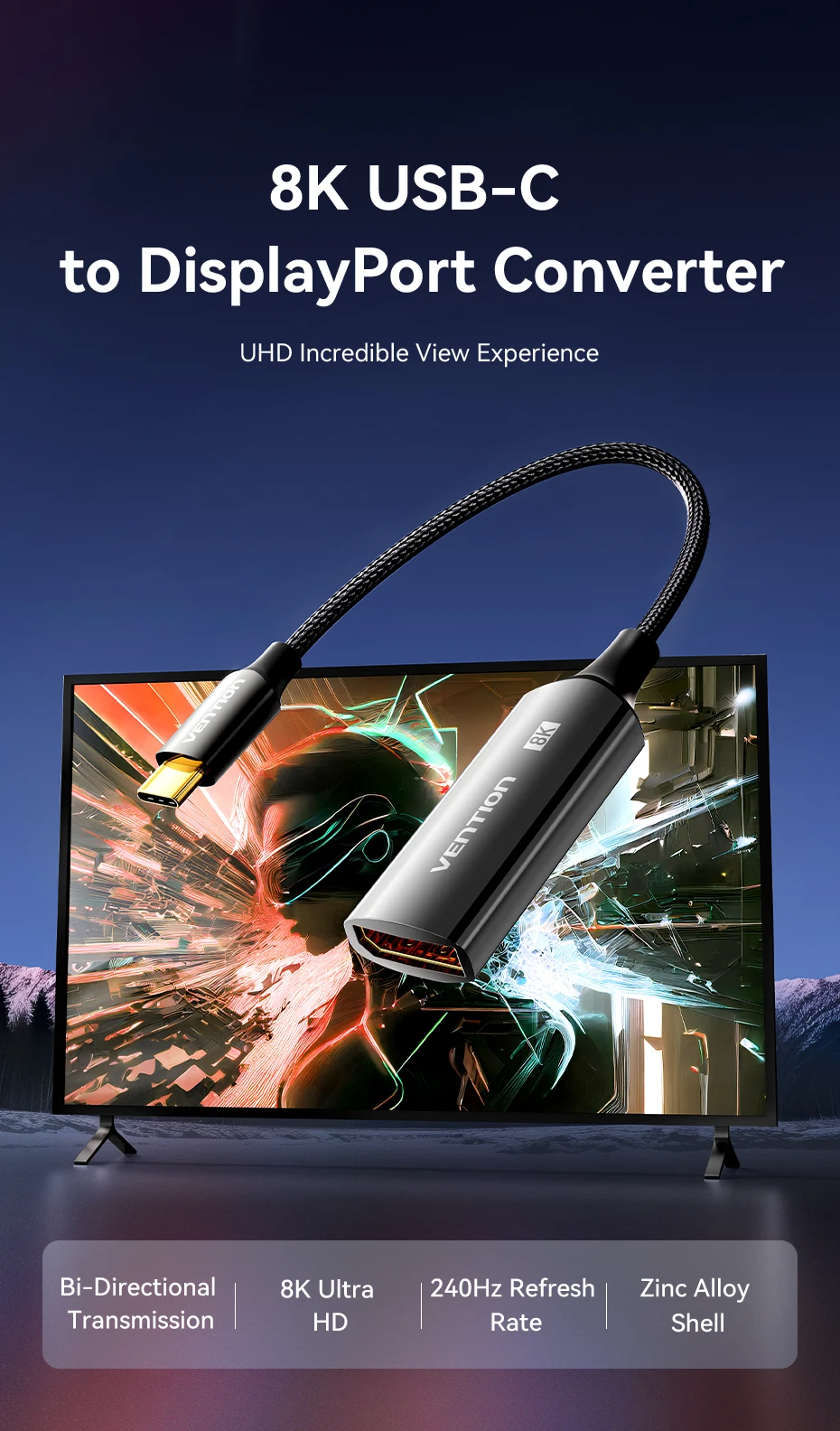 Vention 8K USB C auf DisplayPort-Kabel, USB-Typ-C-Stecker auf DP-Buchse, Adapter für Telefon, Tablet, Laptop, Monitor, bidirektionales USB-C – Detail 1
