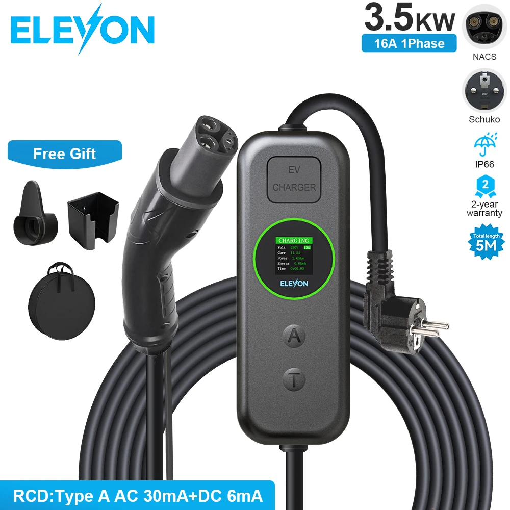 ELEVON 3.5kW Portable Electric Vehicle Charger NACS Plug 16A Single Phase Wallbox for Tesla 3/Y/S/X EV Charging Station