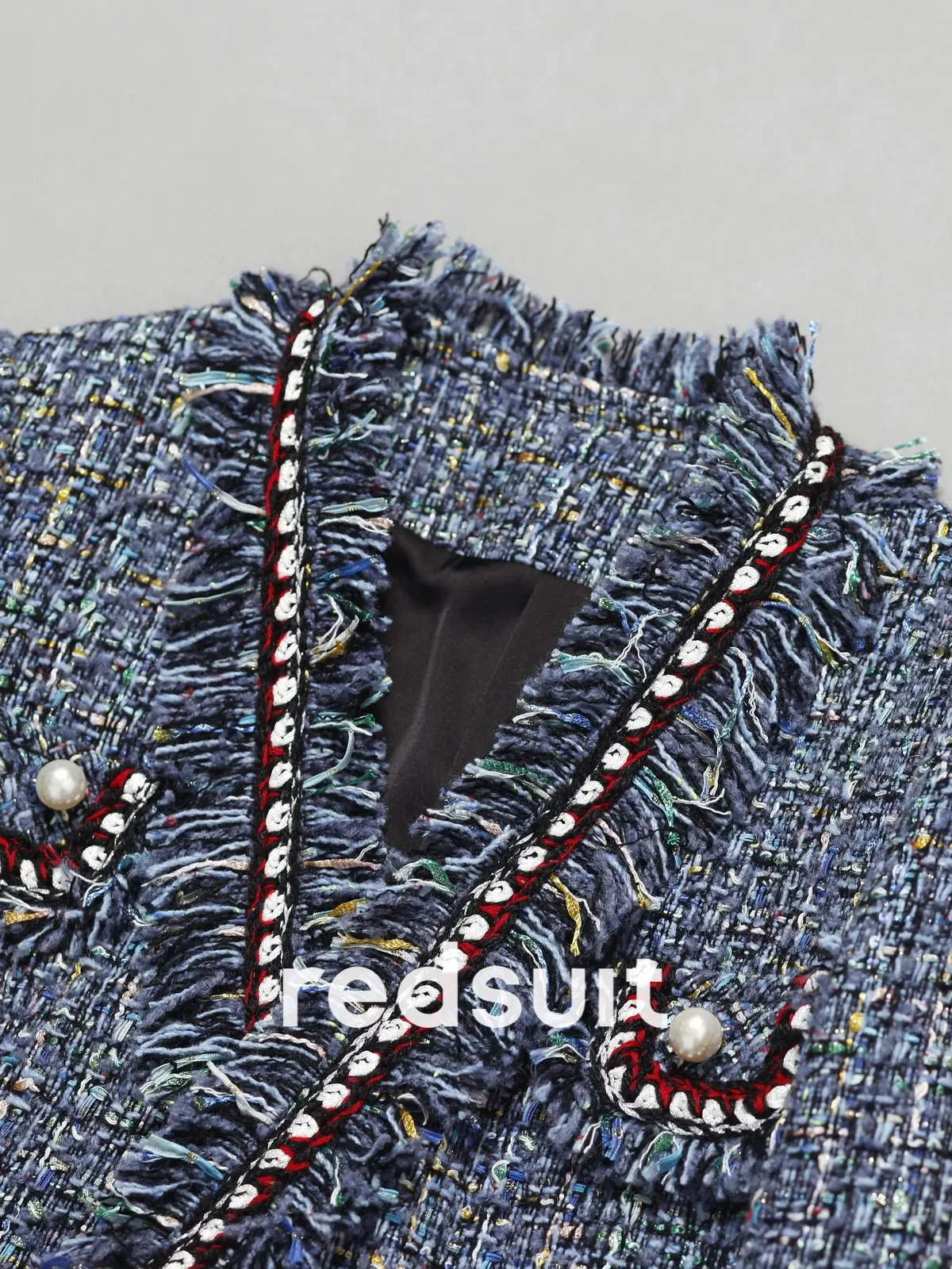 New  V-neck heavy industry jacket, coarse floral fringe woven plaid blue Can customize size