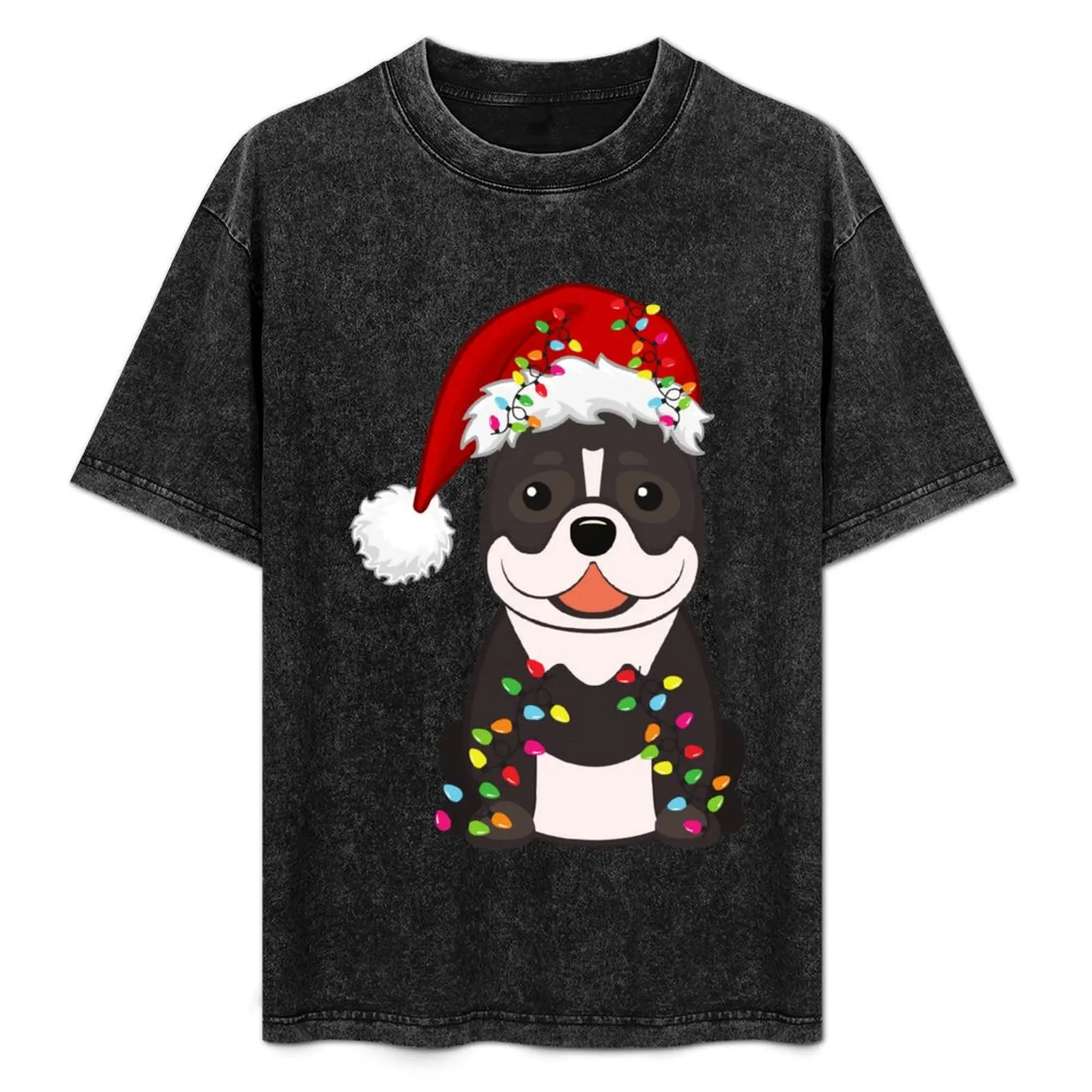 Pitbull Holiday Christmas Light - Divertidas luces navideñas de Pitbull con gorro de Papá Noel, camiseta navideña de Papá Noel, camiseta informal para uso diario