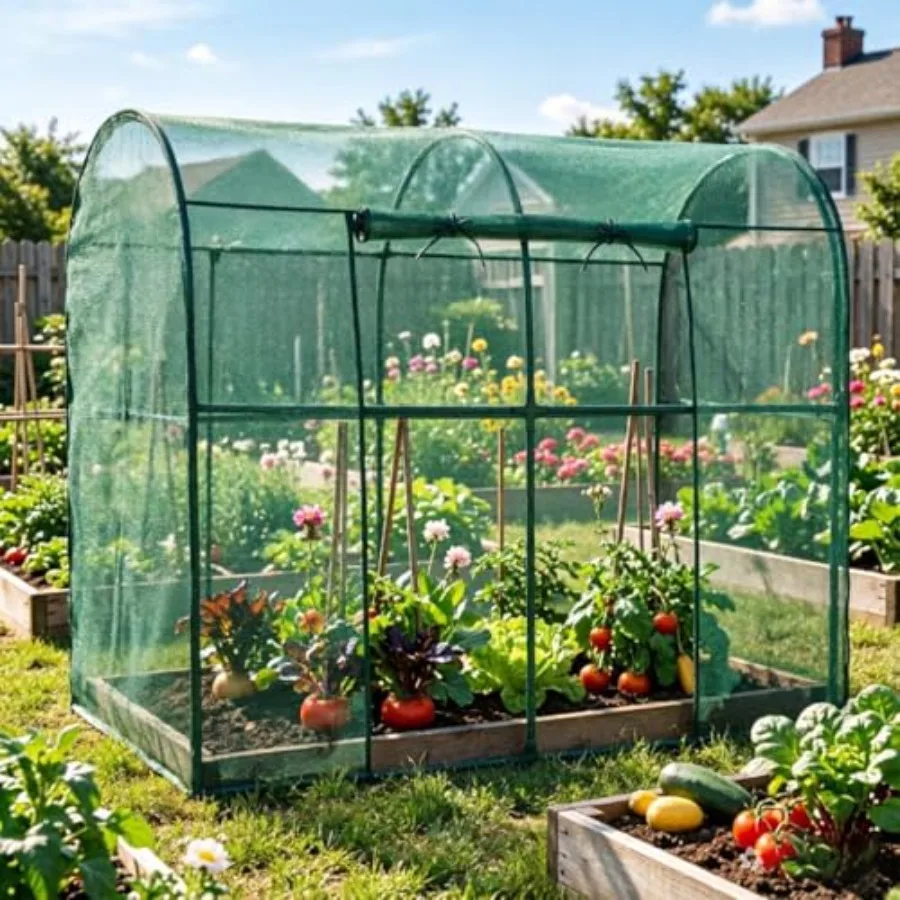 Outdoor Garden Plant Protection Tent With Zippered Door, Steel Frame, Black, Wind-Resistant Raised Bed Cover For Vegetables And