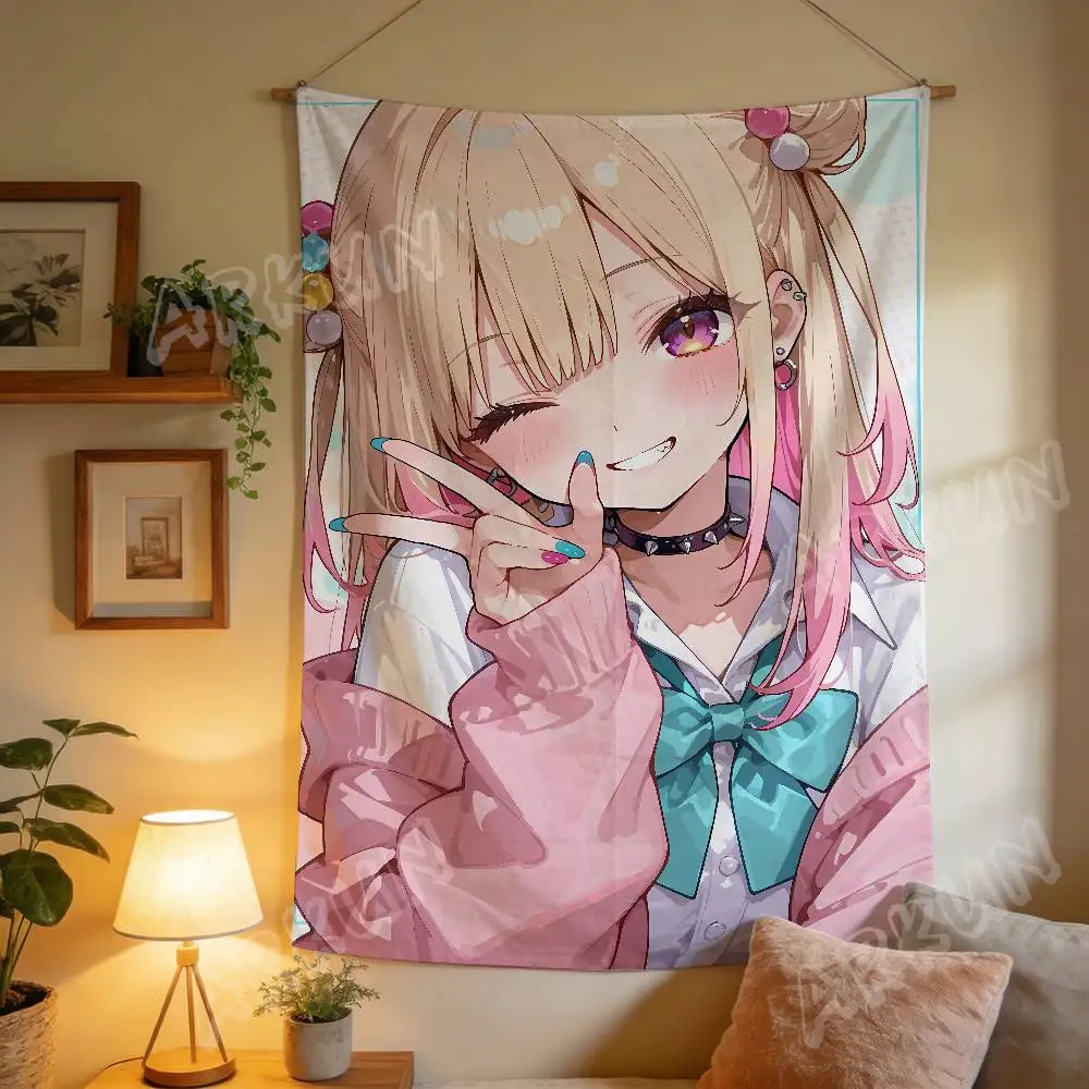 Harajuku Style Cat Ear Anime Girl Tapestry, Pastel Pink Manga Art Wall Hanging, Cute Kawaii Aesthetic Wall Tapestry Decor