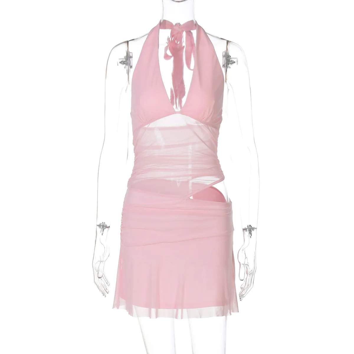 Minivestido fruncido calado de malla transparente para mujer, minivestido Sexy con escote en V profundo y cordones con cuello Halter y espalda descubierta, traje ajustado para vacaciones, ropa para discoteca