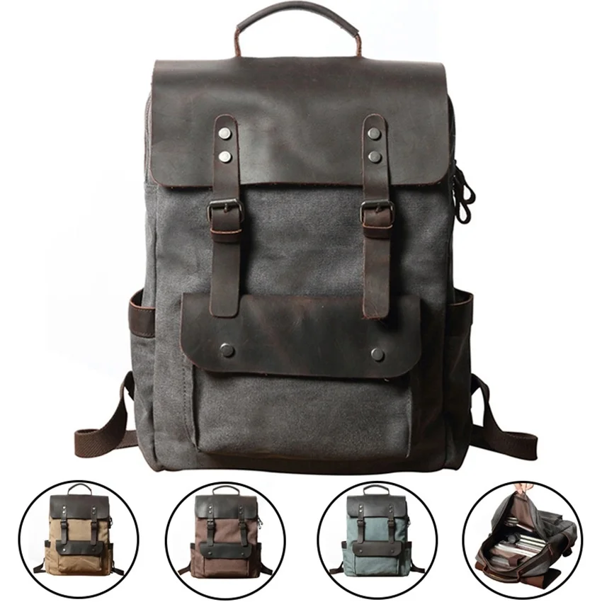 

Vintage Men Canvas Backpacks Crazy Horse Leather Rucksacks Laptop Bagpack School Bags Mountaineering Travel Pack