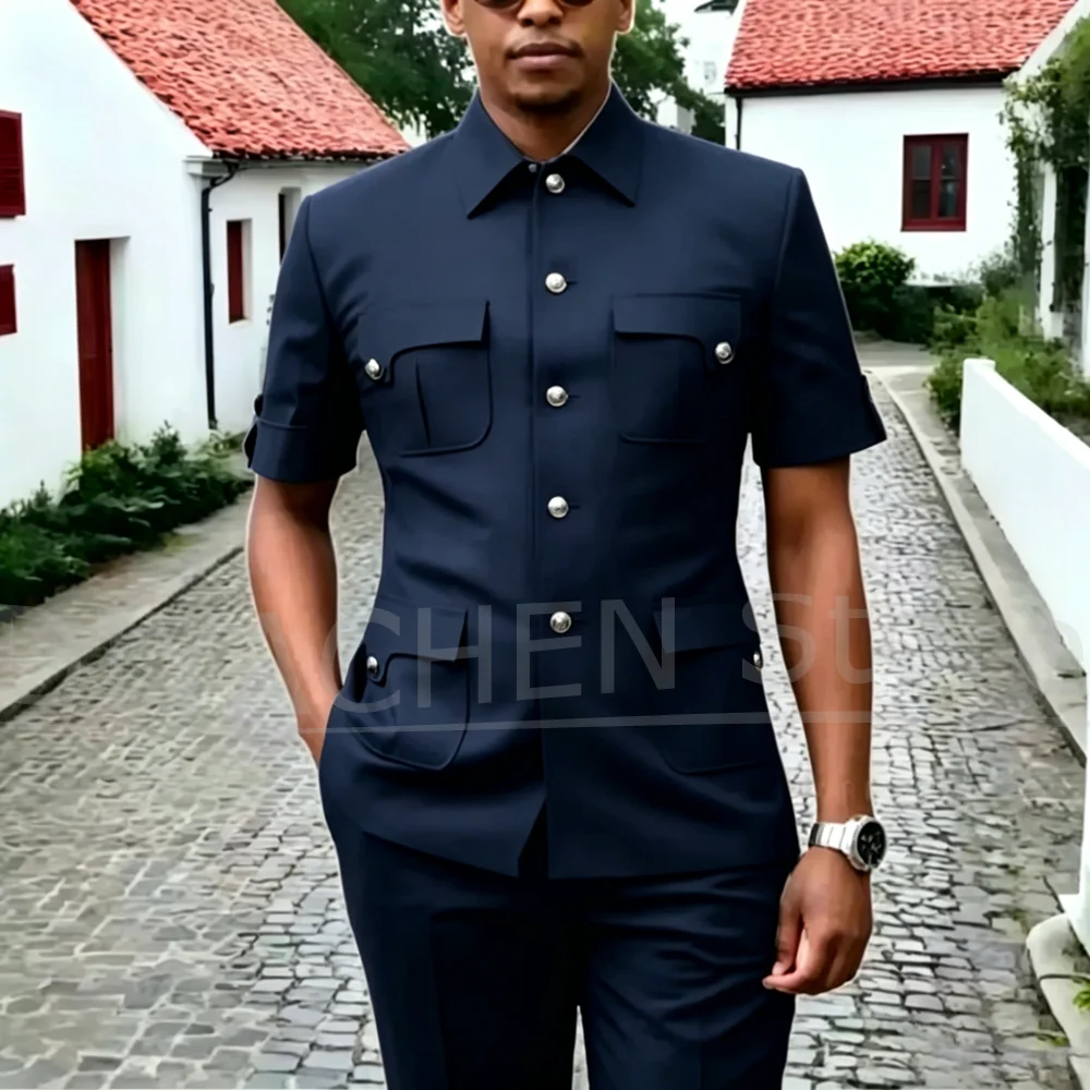 Men Short Sleeve Two Piece Suit Set Multi Pocket Design Blazer and Trousers Summer Office Daily Male Formal Casual Wear