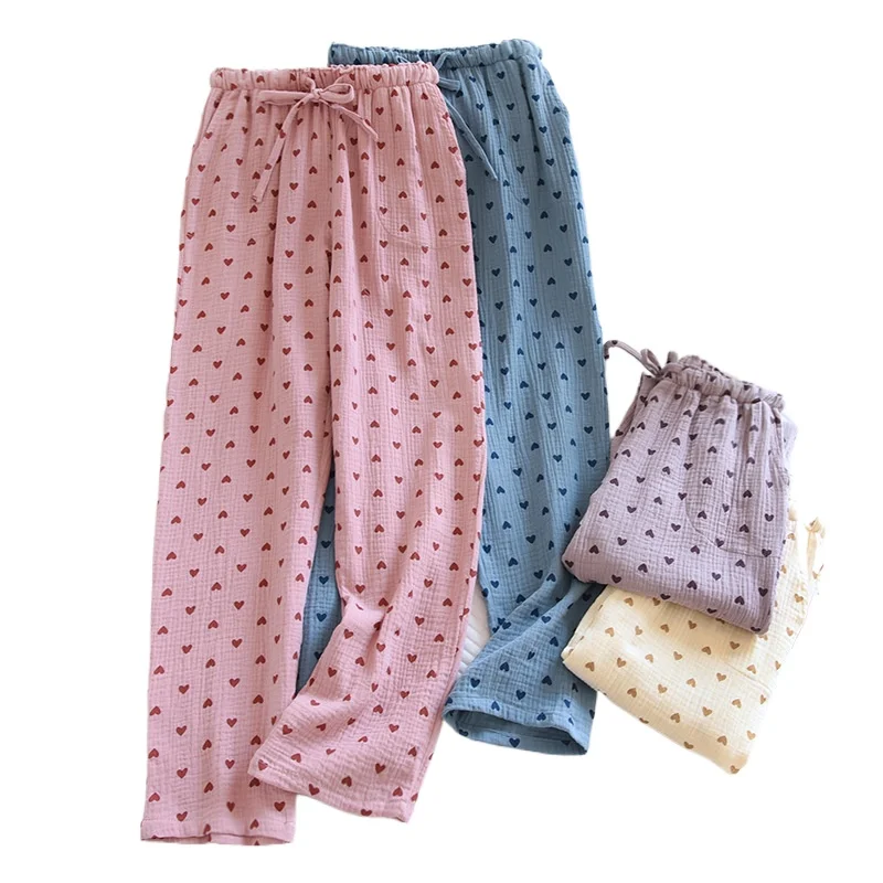 

Cotton Woman Pajama Pants Love Print Trousers Double Layer Gauze Loose Lace-Up Home Trousers Casual Simple Ladies Sleeping Pants
