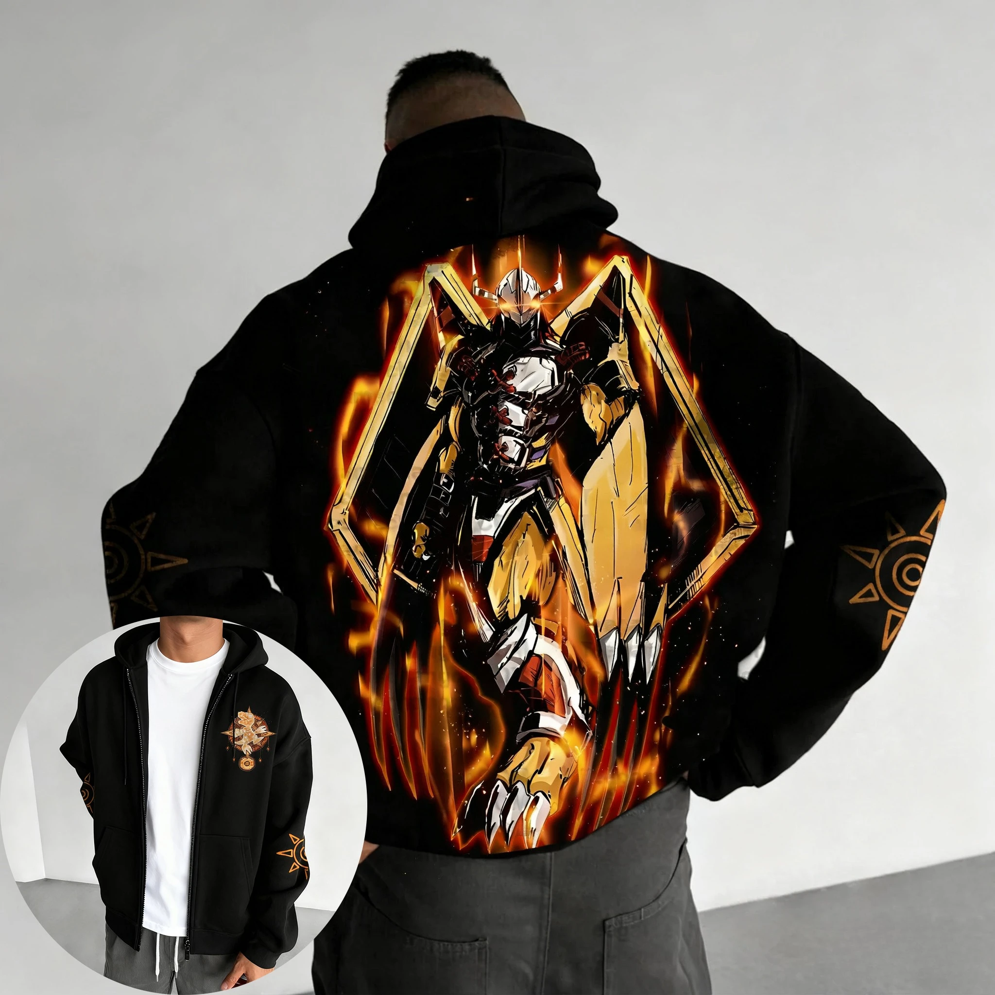 Digimon Adventure Zipper Hoodie Herren Herbst/Winter New War Greymon Anime Bedruckt American Trend Y2K Casual Loose Sweater Top