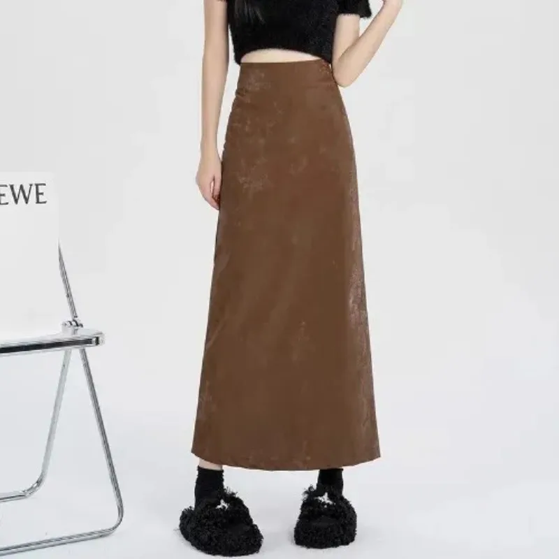 

Женская юбка с разрезом из высококачественной искусственной кожи, осень-зима, утягивающая трапециевидная юбка с высокой талией, прямой стиль средней длины