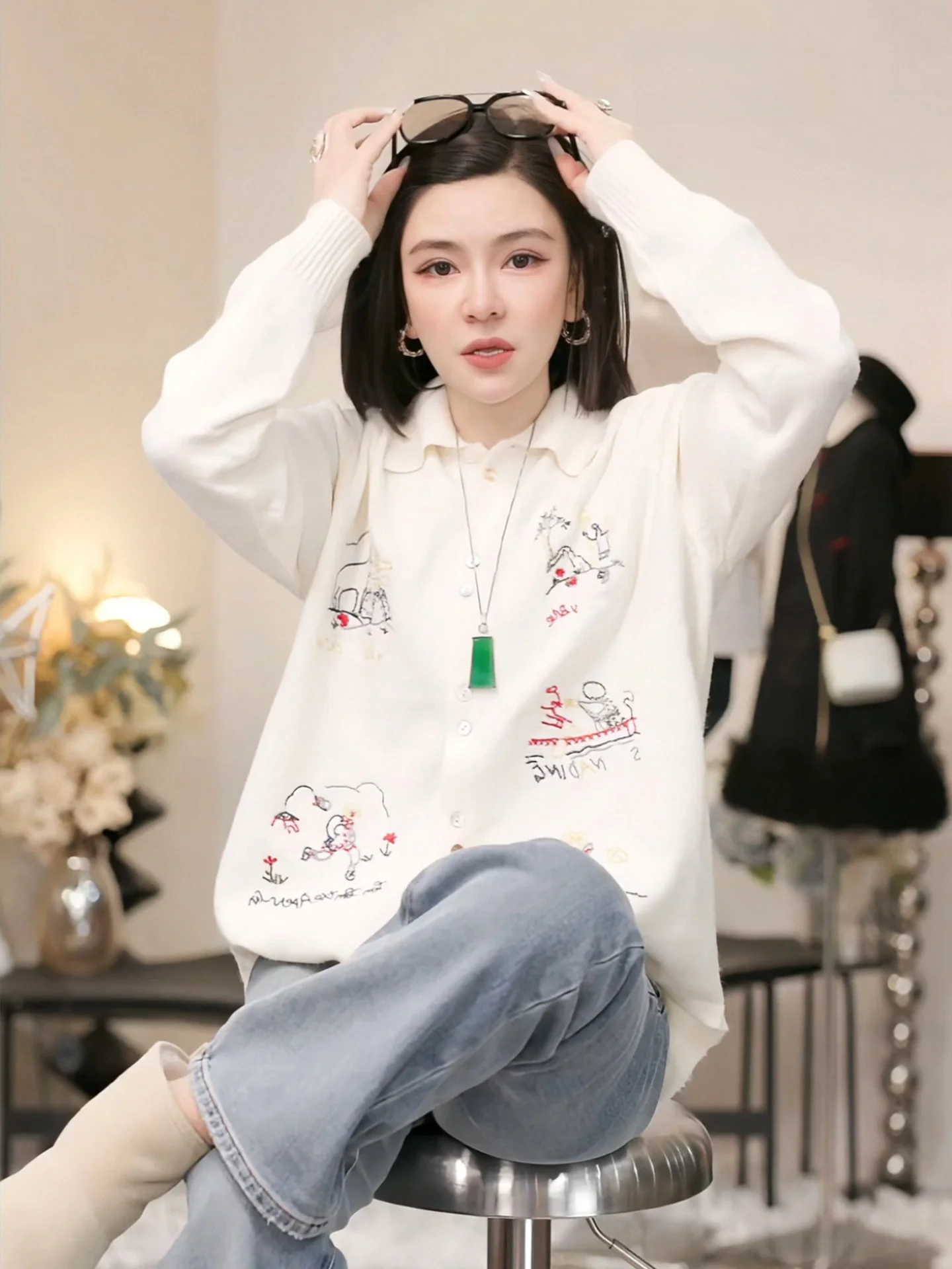 PTHERINE Winter Embroidered Women's Sweater Casual Loose Fit Long Sleeve Shirt Collar Warmth Outerwear Inner Match