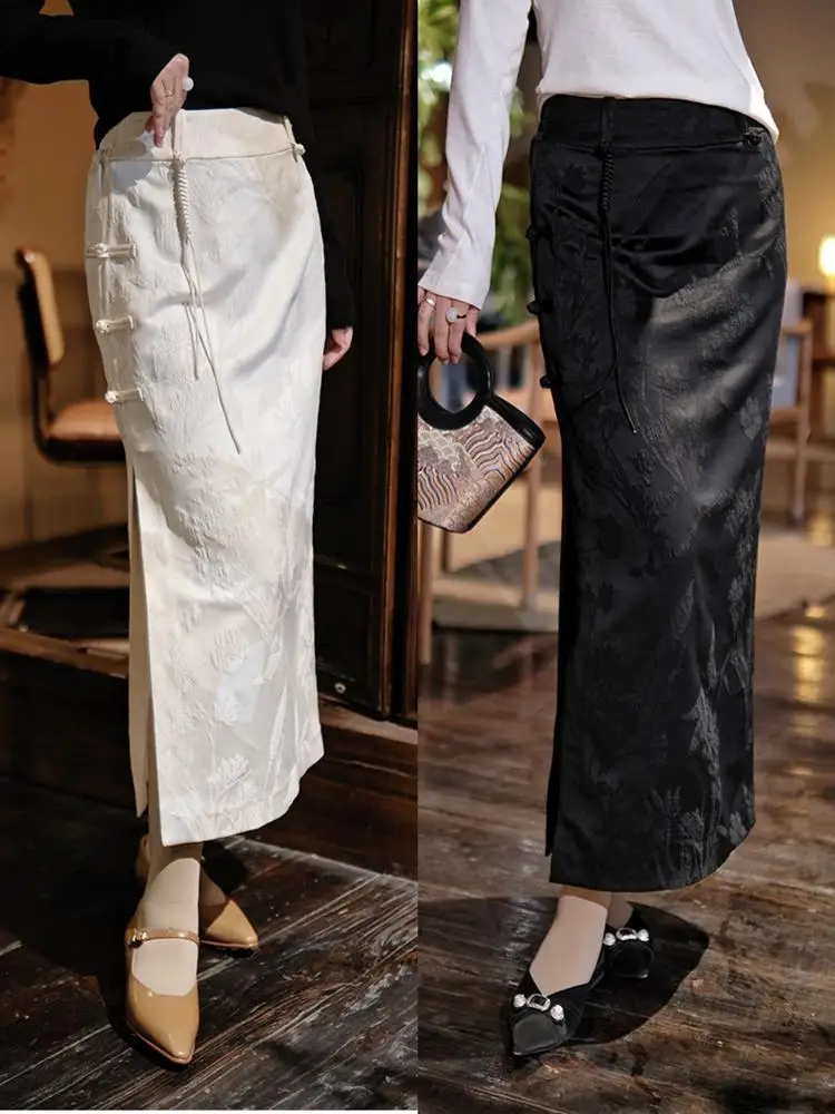 

Новая китайская атласная шелковая юбка-труба ручной работы с разрезом, прямого кроя, для повседневной носки, с завышенной талией, для женщин