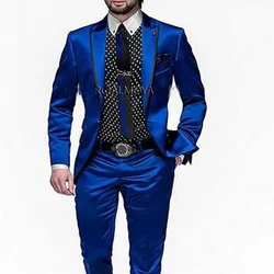 Traje de satén azul real para hombre, esmoquin de 2 piezas para boda, fiesta de novio, graduación, traje informal Formal, chaqueta delgada con pantalones