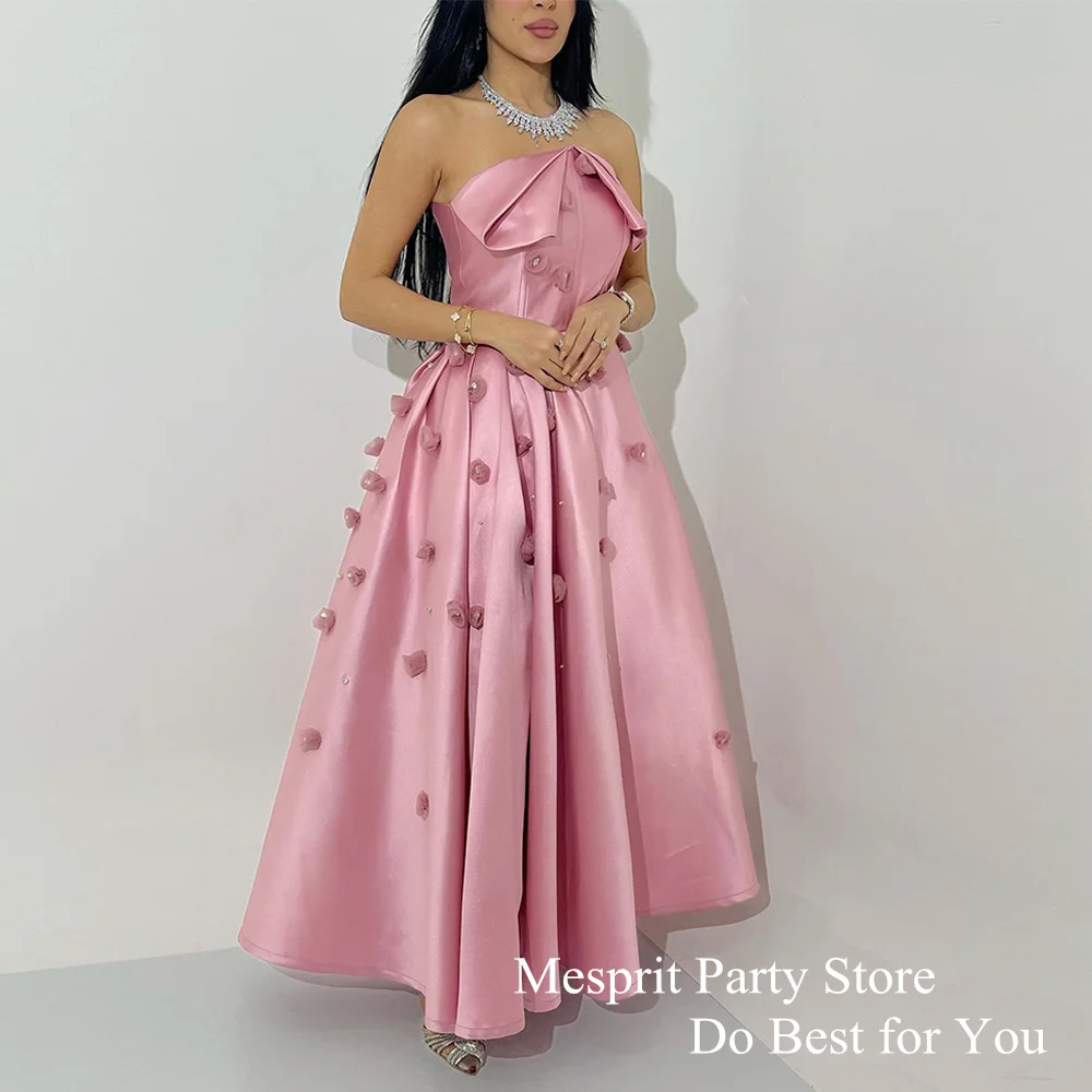 

Hot Pink Prom Dress Custom Color Strapless Sleeveless Handmade Flowers Ankle Length A Line Satin Evening Dresses Party Gown