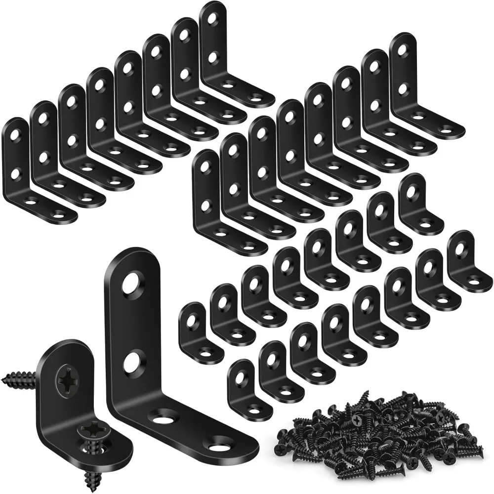 

32 L-shaped Corner Brackets, Heavy-duty Black L-shaped Brackets, with 100 Screws, Metal Right-angle Shelf Brackets