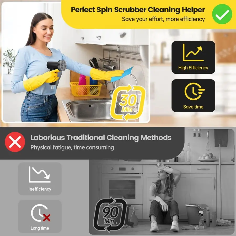 Вращающийся скруббер, беспроводной скруббер емкостью 3000 мАч с 8 сменными головками, легкий ручной скруббер с двойной скоростью для чистки