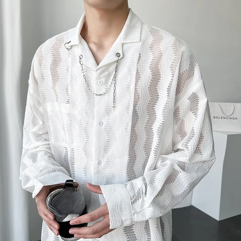 

Long Sve Lace irt Мужской кубинский воротник Повседневный легкий ажурный тонкий солнцезащитный irt Молодежное волокно из полиэфирного волокна