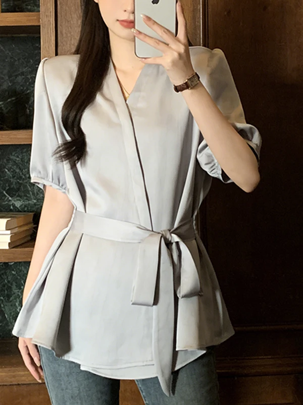 

Summer 2026 Women's V-neck Shirt Fashionable Cross Tie-waist Design Maturing Elegant Top Korean Style Loose Fit Short Sleeve