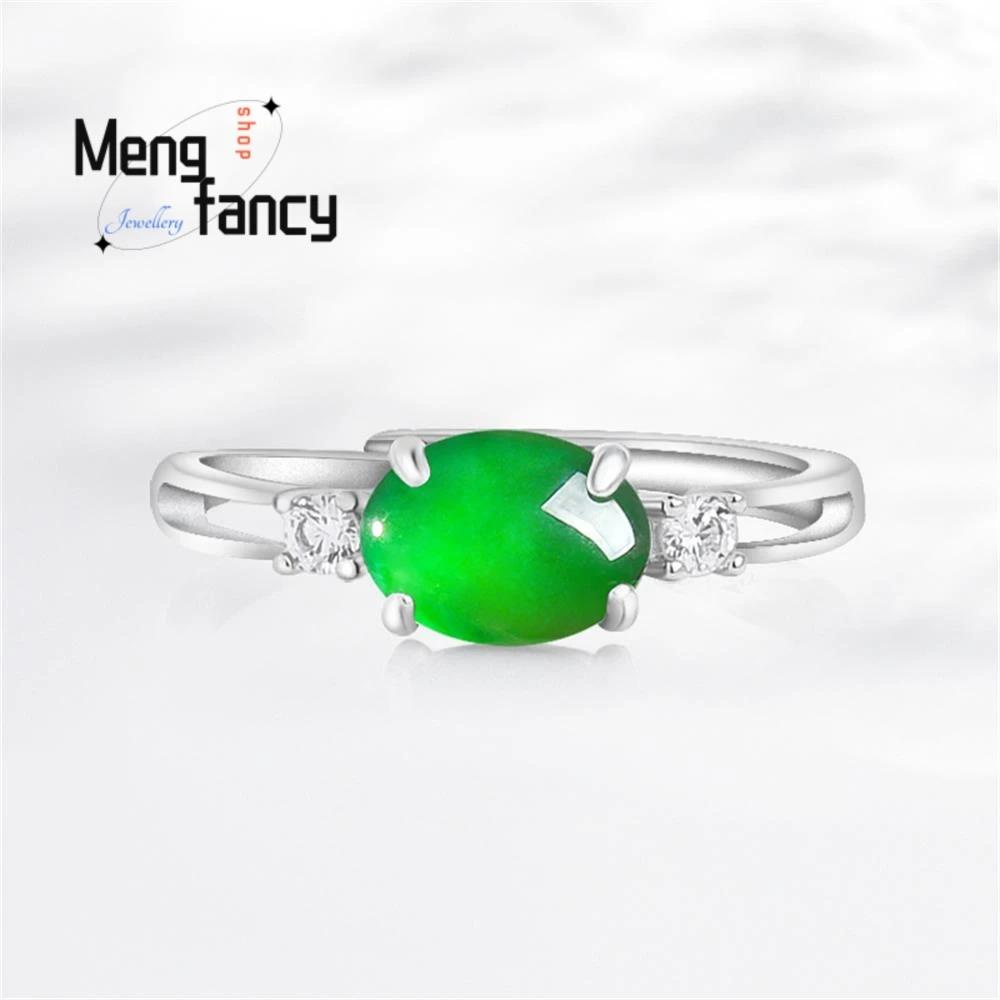 S925 Silver Inlaid Natural A-grade Jadeite Yang Green Oval Egg Face Ice-Texture Jade Ring Adjustable Fine Fashion Couple Jewelry