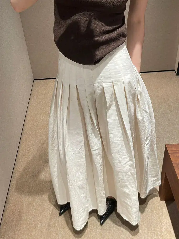 Women's Off-White Pleated A-Line Midi Skirt Niche High Waist Slim Fit Versatile Fashion Skirt