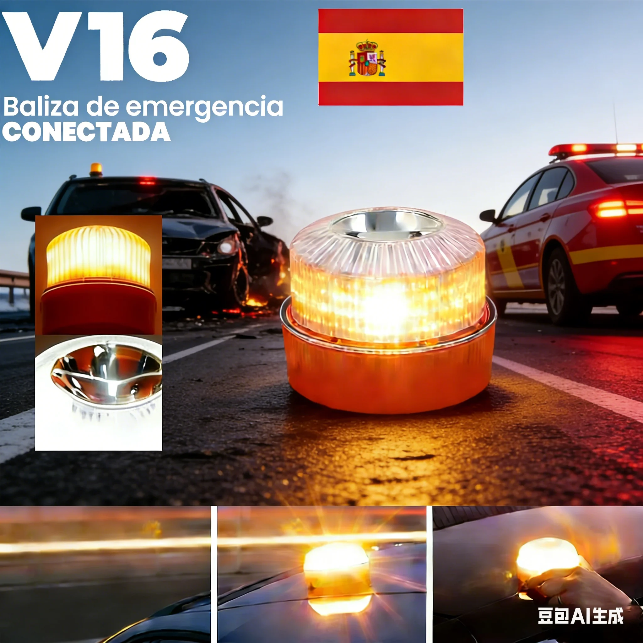 

Новый аварийный фонарь V16 для автомобиля (Испания), мигающий, на магнитной основе, для дорожных работ, портативный стробоскоп, сигнальный фонарь