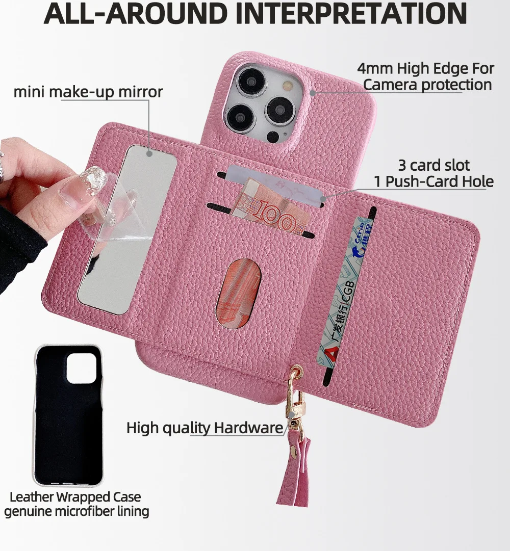 Litchi Peel Pattern PU Leather Case For iPhone 18 17 16 15 14 13 12 11 Pro Max Plus Mirror Card Holder Lanyard Wallet Cover