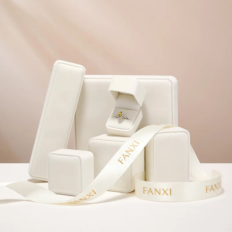 WoodTen Velvet Ring Jewelry Box Beige Earring Box Necklace Bracelet Storage Case Jewelry Organizer Jewelry Gift Box for Wedding