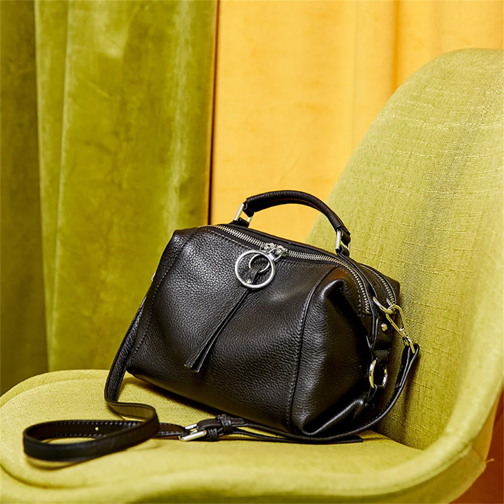 Zency Soft Genuine Leather Black Handbag Elegant Fashion Tassel Women Shoulder Bag Large Capacity Simple Crossbody Bag