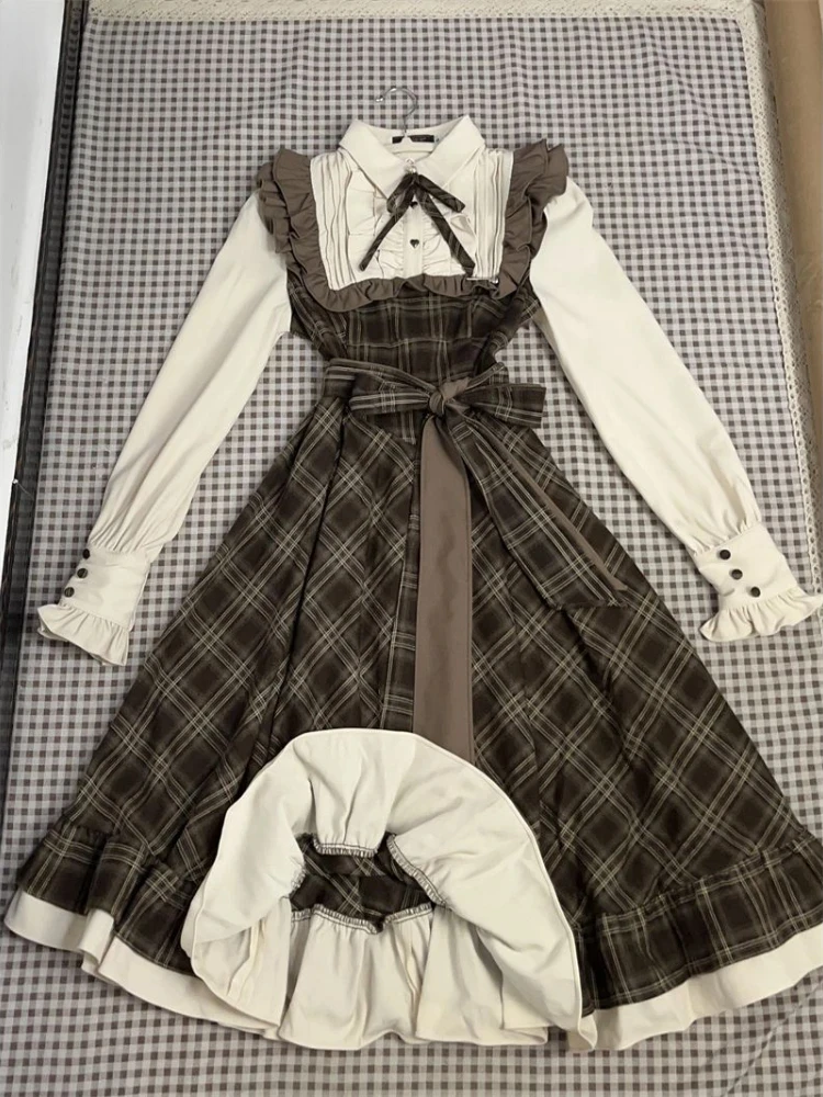 เดรสลายสก๊อตสไตล์ฝรั่งเศสแบบย้อนยุค ดีไซน์สองชิ้นหลอกตา สำหรับผู้หญิง แฟชั่นลำลองสไตล์เกาหลีญี่ปุ่น กระโปรงยาว