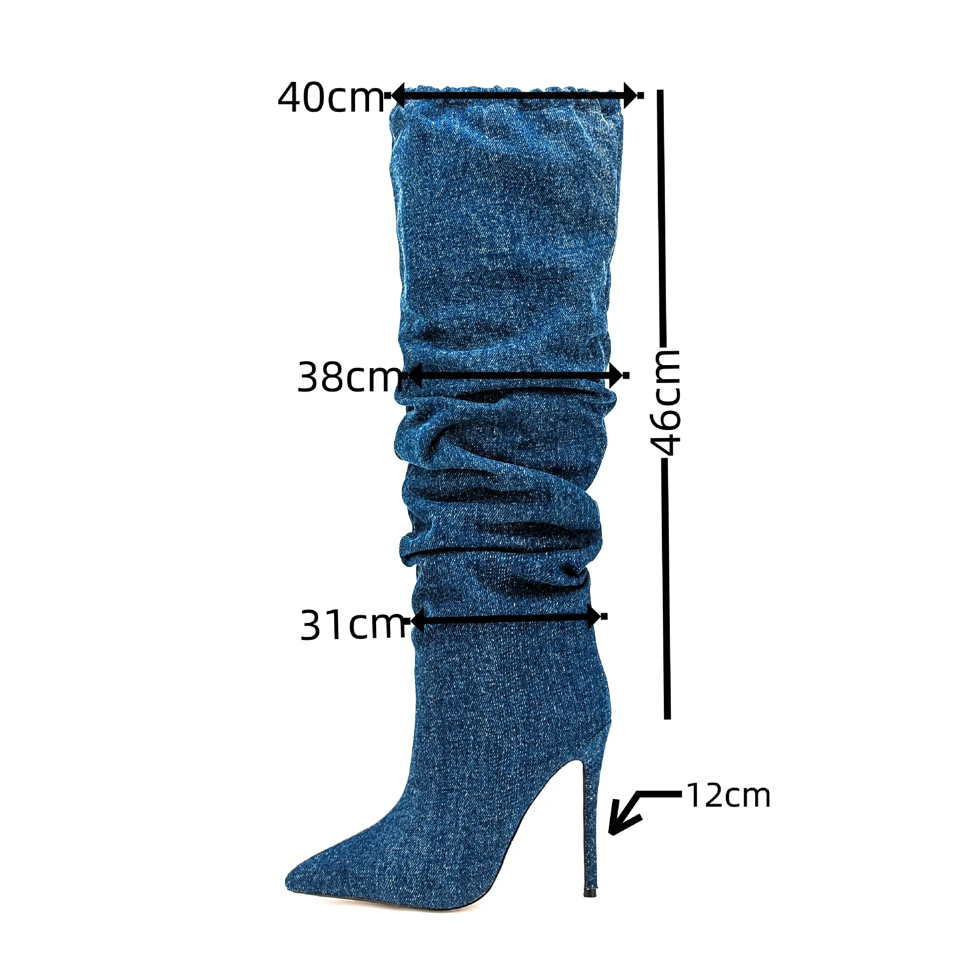 Sexy Pointed Super High Heel Denim Over The Knee Boots Stiletto Sleeve Pleated Pile Boots Extra Large Women's Boots 35&47