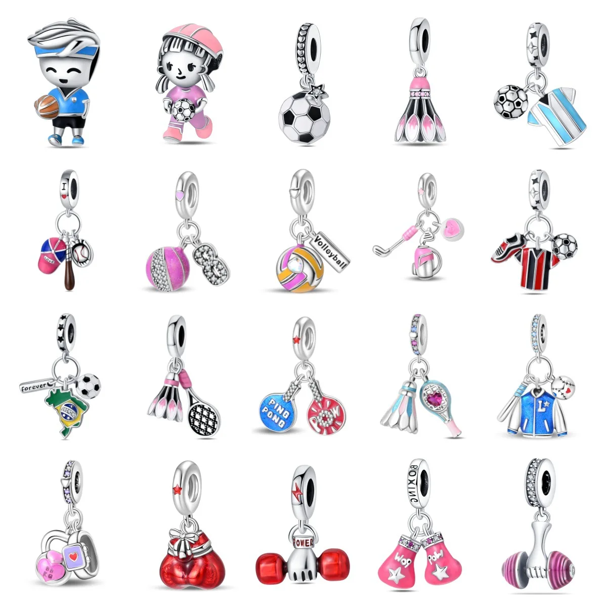 accessories for sports and fitness - dumbbells, footballs, basketballs, baseballs, charm pendants, beads, copper plated silver