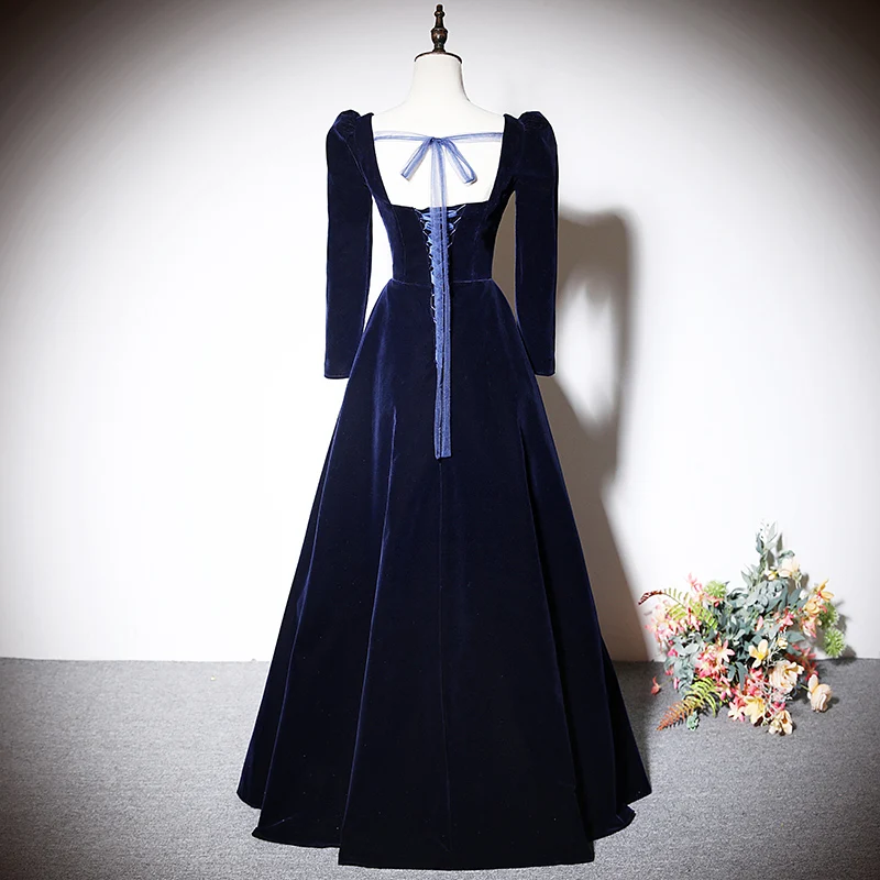 Navy Blue Square Collar Evening Dress Full Sleeves Pleat A-Line Lace Up Velour Floor-Length Plus Size Party Dresses Woman XE084