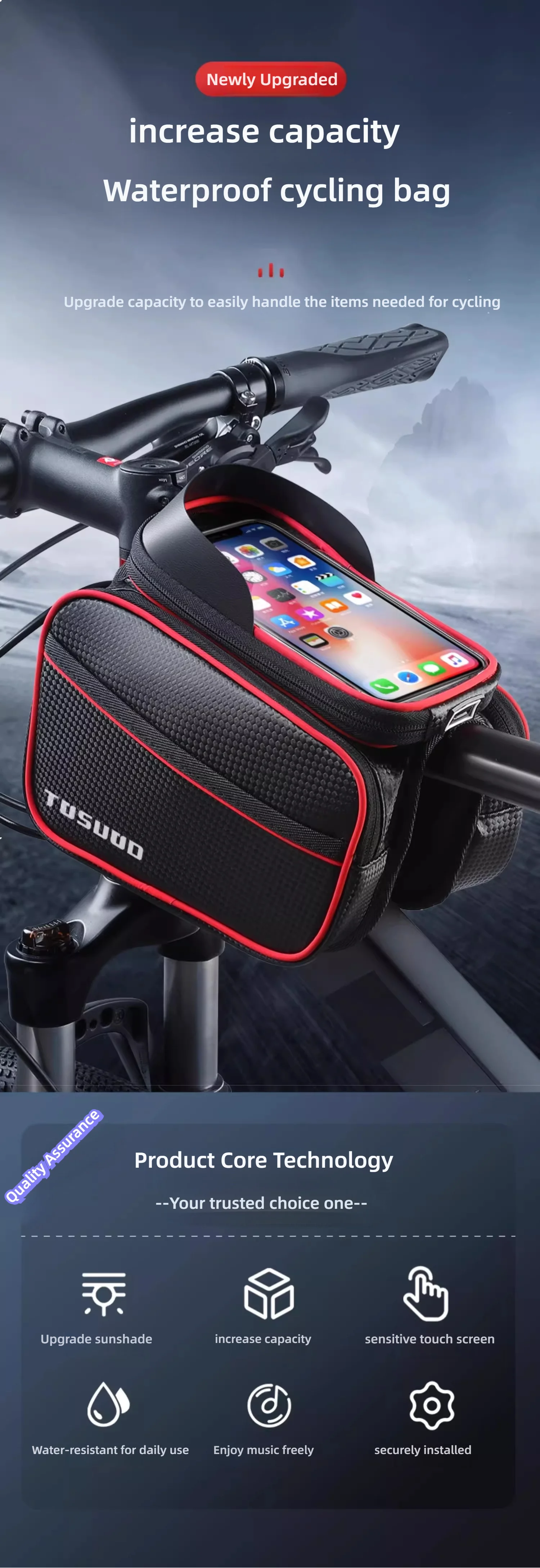 TOSUOD Mountainbike Tasche Vorne Lenker Tasche Regendicht 6,2 zoll Handy Fall Fahrrad Oberrohr Tasche Radfahren Zubehör – Detail 1