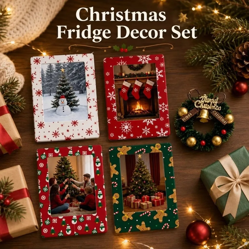 4Pcs Plastic Christmas Magnetic Photo Frame Snowflake Gingerbread Man Mini Magnetic Picture Frame Refrigerator Decor