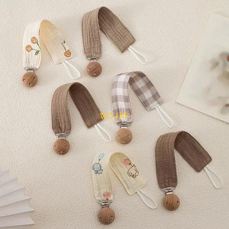 W3JF Washable Cotton Pacifier Lanyard Multi Functional Designs with Wooden Clasp Patterned Tether for Newborn Security