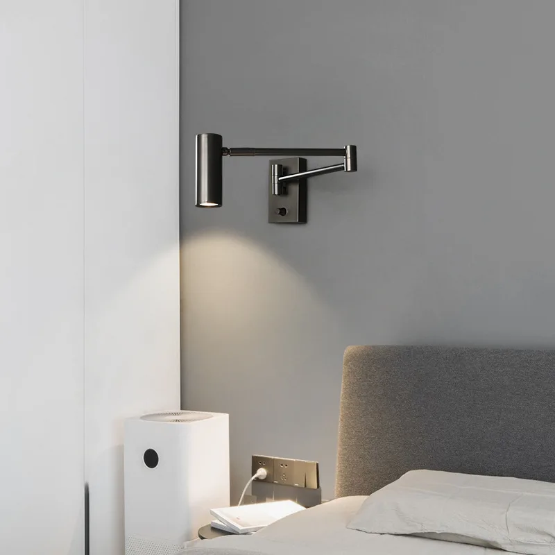 Full copper LED wall light with built-in switch light bedroom bedside eye protection reading wall lamp foldable dimming lights