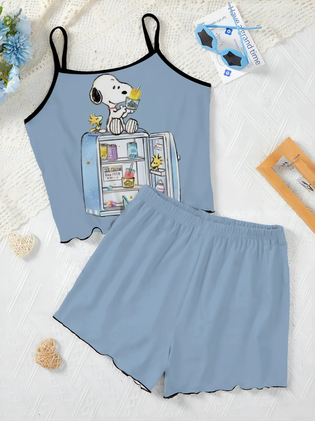 Top Set Frau 2 Stück schicke und elegante Hosen Sets Salat Trim Slip Kleid T-Shirt Pyjama Rock Damen anzug snoopy kurzen Luxus